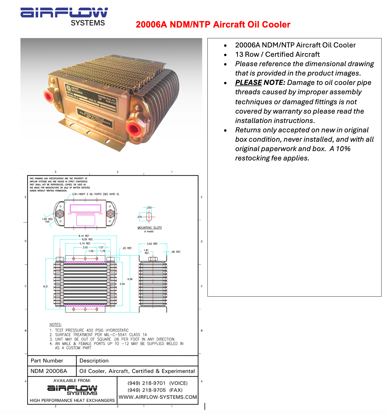 20006A NDM/NTP Aircraft Oil Cooler