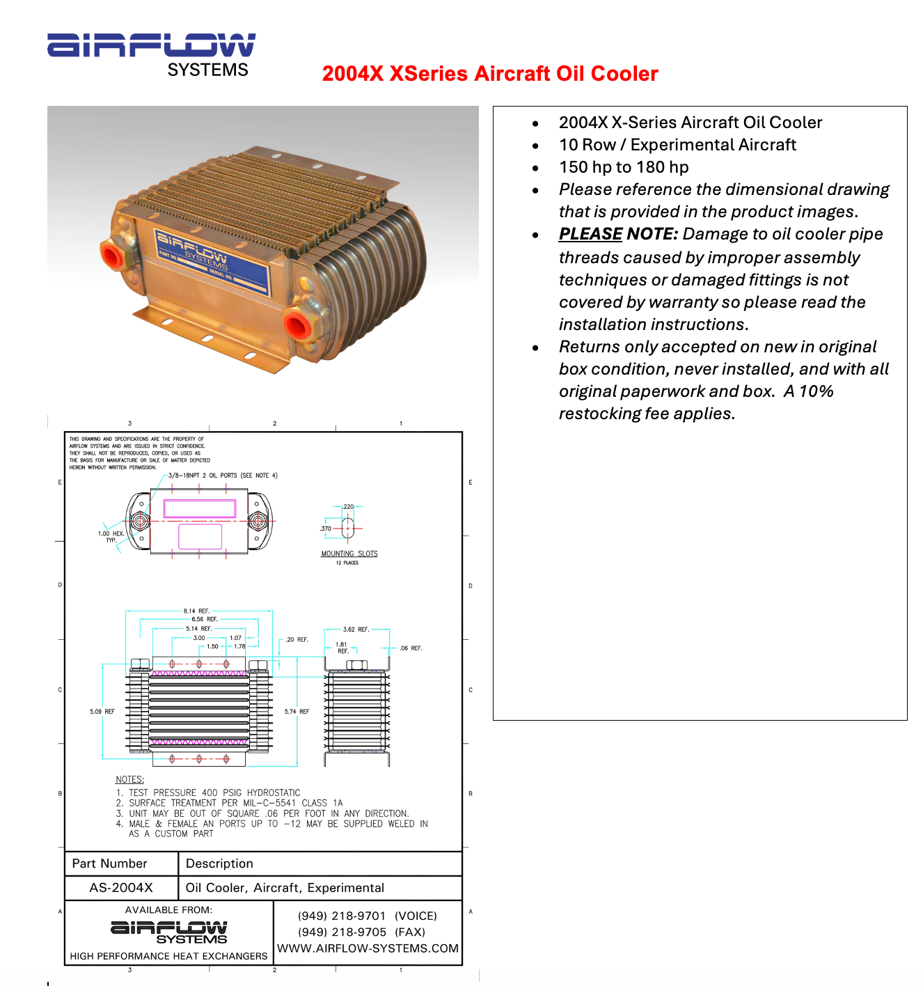 2004X X-Series Aircraft Oil Cooler