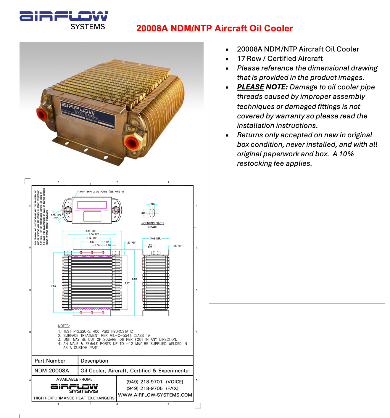 20008A NDM/NTP Oil Cooler