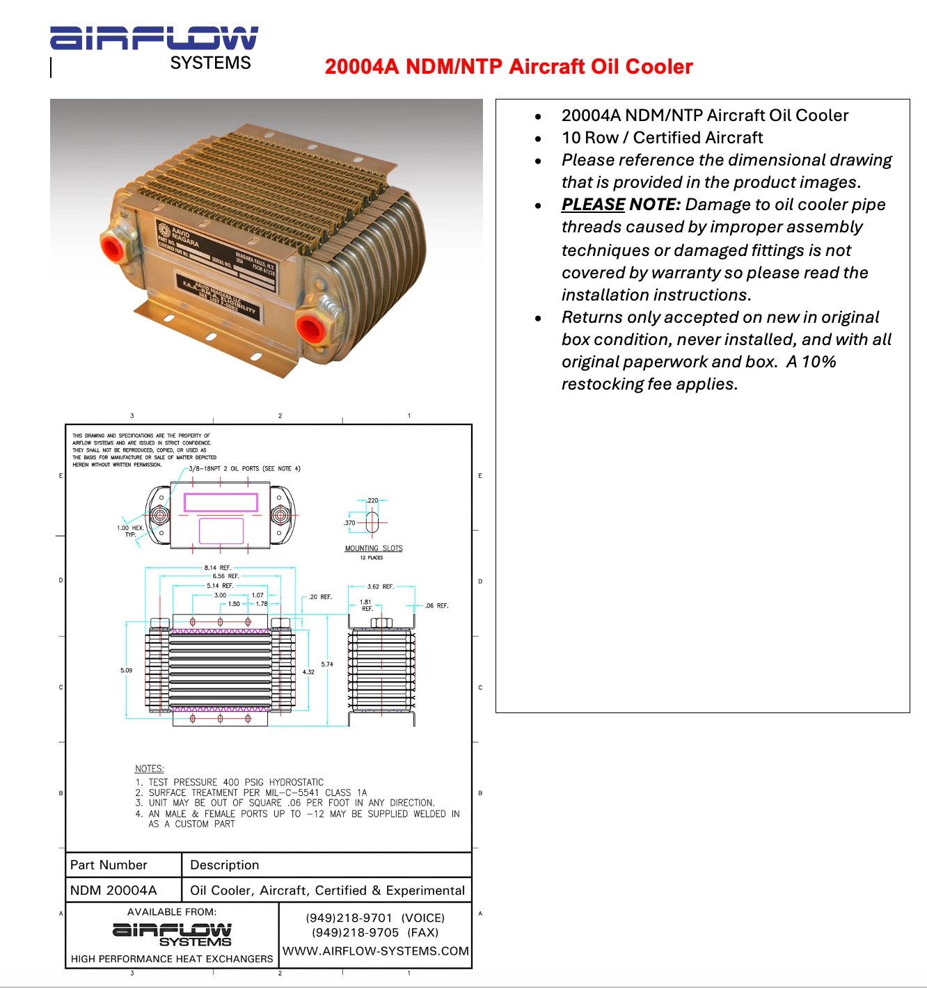 20004A NDM/NTP Aircraft Oil Cooler