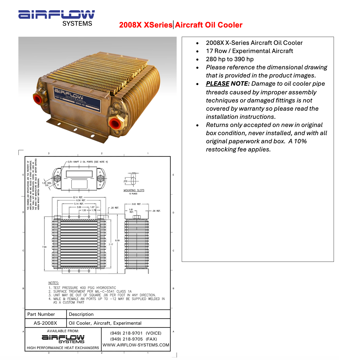 2008X X-Series Aircraft Oil Cooler