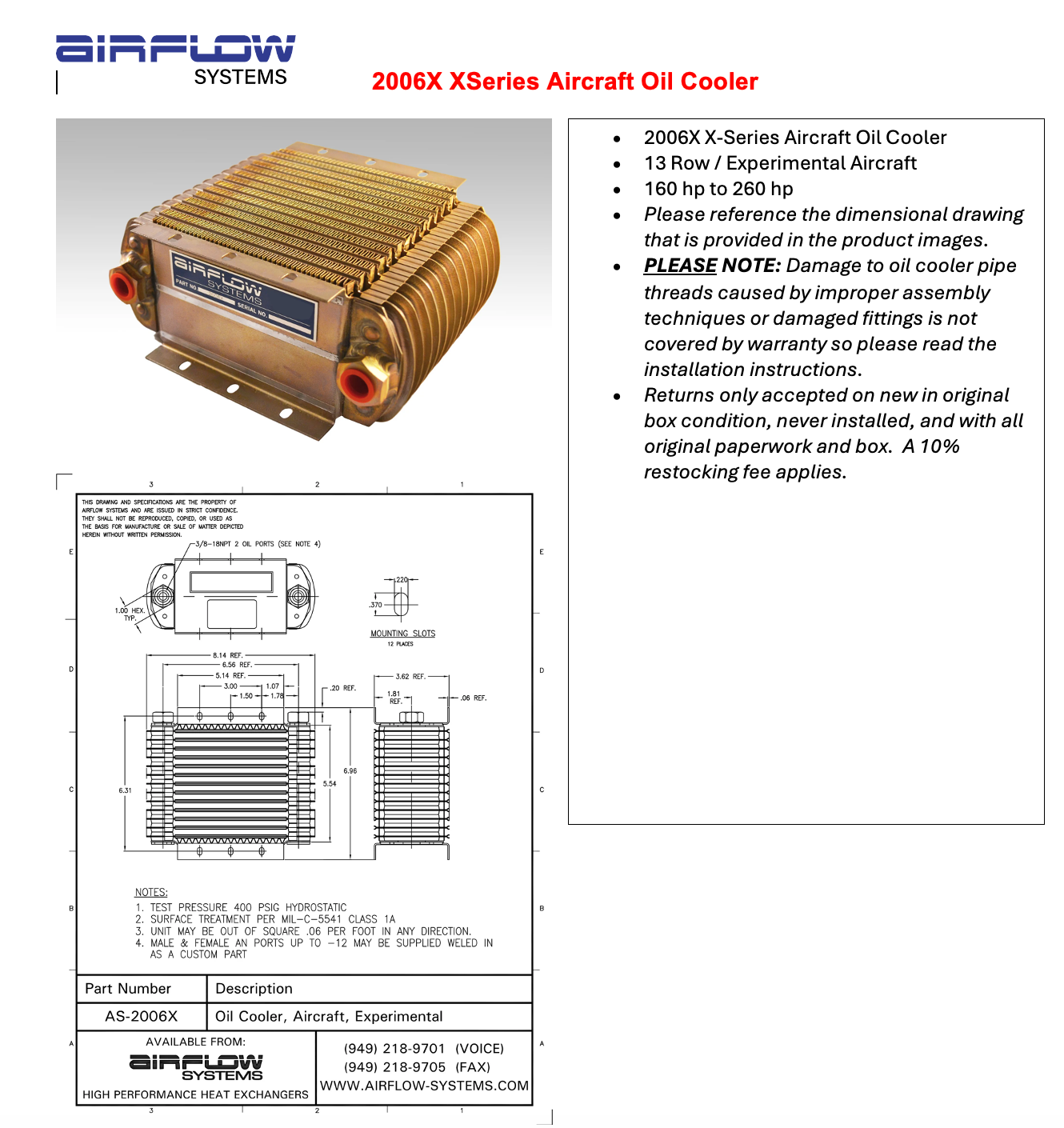 2006X X-Series Aircraft Oil Cooler